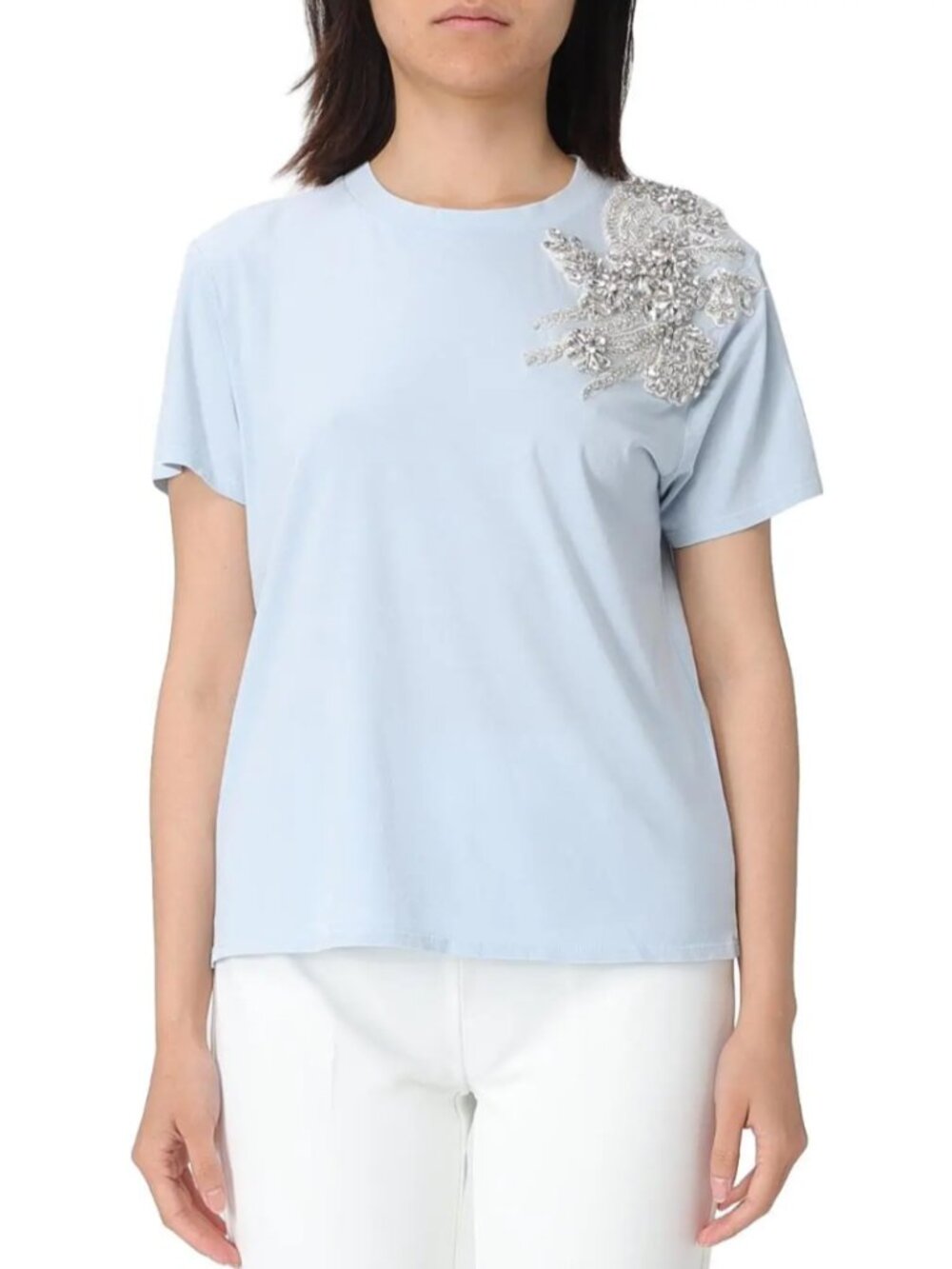 Liu Jo Crystal Embellished Cotton T-Shirt in Sky Blue - Size EU 42 / US 6 (NWD)